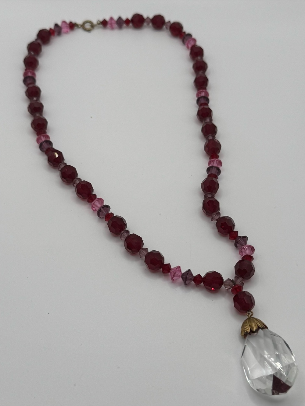 Vintage Red Glass Faceted Bead Necklace Clear Crystal Teardrop Pendant Deco Goth